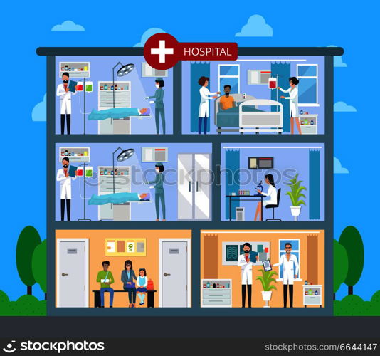 Hospital building with floors, patients are waiting for doctors, laboratory and operation, specialist controls process vector illustration. Hospital Building with Floors Vector Illustration
