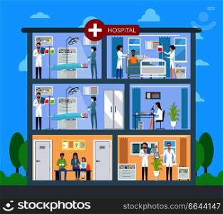Hospital building with floors, patients are waiting for doctors, laboratory and operation, specialist controls process vector illustration. Hospital Building with Floors Vector Illustration