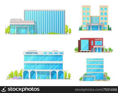 Hospital buildings, clinic ambulance and medical institution architecture facade icons. Vector modern medical center or state clinic buildings, modern urban infrastructure. Hospitals, medical clinic and ambulance buildings