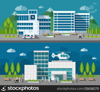 Hospital buildings front flat horizontal banner set isolated vector illustration. Hospital Flat Banner Set