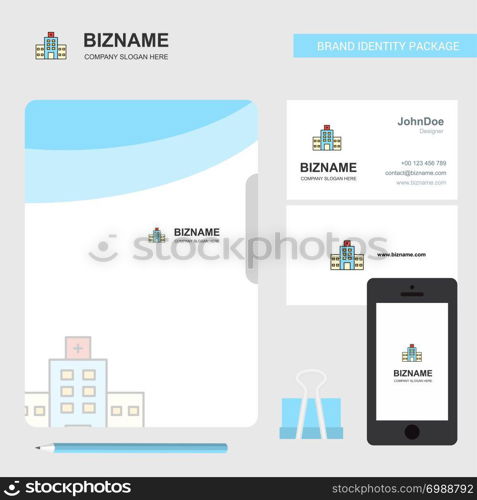 Hospital Business Logo, File Cover Visiting Card and Mobile App Design. Vector Illustration