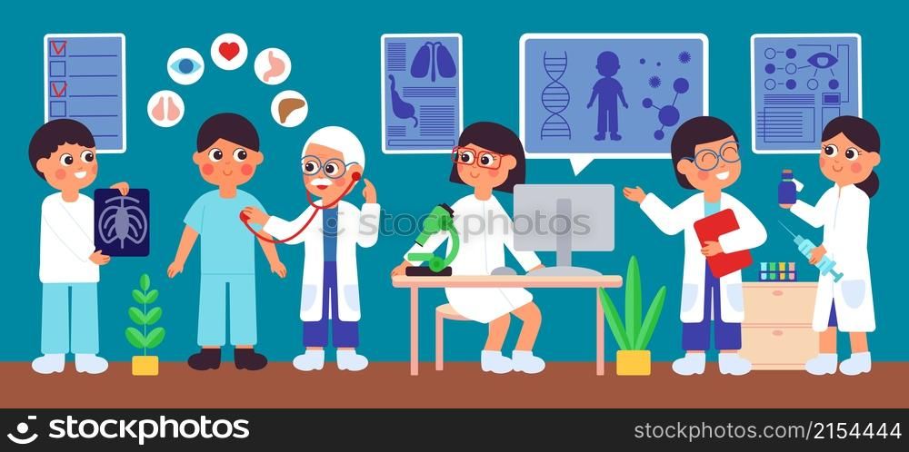 Hospital checkup. Healthcare, man medical exam. Doctor, scientist and lab workers. Health examination, person visiting clinic decent vector concept. Illustration of medical checkup and exam healthcare. Hospital checkup. Healthcare, man medical exam. Doctor, scientist and lab workers. Health examination, person visiting clinic decent vector concept