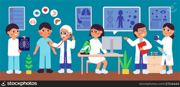 Hospital checkup. Healthcare, man medical exam. Doctor, scientist and lab workers. Health examination, person visiting clinic decent vector concept. Illustration of medical checkup and exam healthcare. Hospital checkup. Healthcare, man medical exam. Doctor, scientist and lab workers. Health examination, person visiting clinic decent vector concept