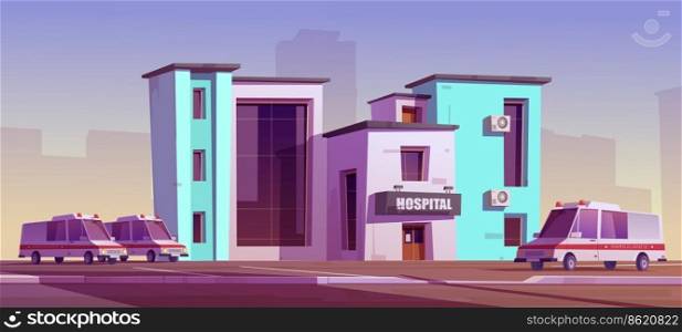 Hospital clinic building exterior with ambulance car truck riding and parked vehicles on yard. Medicine city infirmary health care infrastructure, medic multistorey office, Cartoon vector illustration. Hospital clinic building with ambulance car trucks