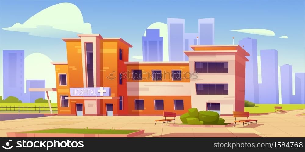 Hospital clinic building with green bushes and benches at front yard. Medicine, city infirmary health care infrastructure, medic two-storied office on cityscape background, Cartoon vector illustration. Hospital clinic building with bushes and benches