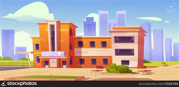 Hospital clinic building with green bushes and benches at front yard. Medicine, city infirmary health care infrastructure, medic two-storied office on cityscape background, Cartoon vector illustration. Hospital clinic building with bushes and benches