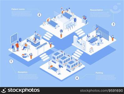 Hospital concept 3d isometric web scene with infographic. People waiting in reception, doctors work at resuscitation and wards, ambulance cars parking. Vector illustration in isometry graphic design