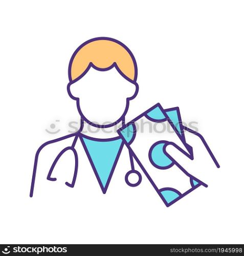 Hospital corruption RGB color icon. Doctor taking informal payment. Personal gain. Therapist accepting bribe in exchange for services. Isolated vector illustration. Simple filled line drawing. Hospital corruption RGB color icon