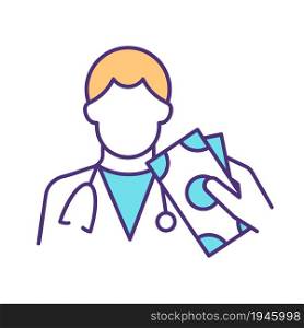 Hospital corruption RGB color icon. Doctor taking informal payment. Personal gain. Therapist accepting bribe in exchange for services. Isolated vector illustration. Simple filled line drawing. Hospital corruption RGB color icon