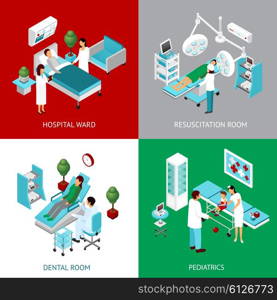 Hospital Departments 4 IsometricIcons Square. Hospital departments and resuscitation room with healthcare professional and patients 4 isometric icons square abstract vector illustration
