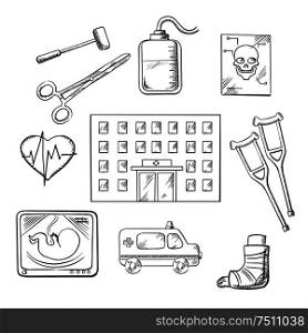 Hospital design with a hospital building surrounded by ambulance, x-ray, surgical tools, cardiograph, blood transfusion, skull, crutches and plaster caste. Vector sketch. Hospital, healthcare and medical objects