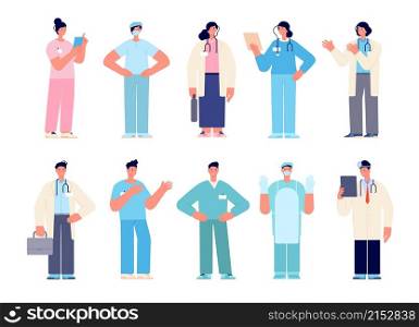 Hospital doctor characters. Doctors clinic, isolated male surgery. Female medical workers, nurse in mask. Cartoon healthcare utter vector set. Illustration medical hospital doctors. Hospital doctor characters. Doctors clinic, isolated male surgery. Female medical workers, nurse in mask. Cartoon healthcare utter vector set