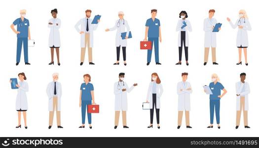 Hospital doctors and nurses. Doctor with stethoscope, nurse in scrubs and face mask. Medical student volunteer and intern character. Medical staff vector illustration. Profession physician in uniform. Hospital doctors and nurses. Doctor with stethoscope, nurse in scrubs and face mask. Medical student volunteer and intern character. Medical staff vector illustration set