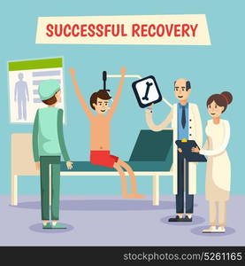 Hospital Doctors Patient Flat Poster. Hospital ward successful recovery scene with doctor assistent nurse and patient poster flat comic orthogonal vector illustration