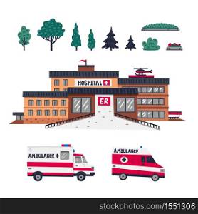Hospital. Emergency department of hospital - main building with two ambulance cars and elements for creating composition. Healthcare and medicine. Flat style vector illustration on white background. Hospital. Emergency department of hospital - main building with two ambulance cars and elements for creating composition. Healthcare and medicine. Flat style vector illustration on white background.