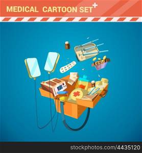 Hospital Equipment Cartoon Set. Hospital medical equipment cartoon set with syringe and pills vector illustration