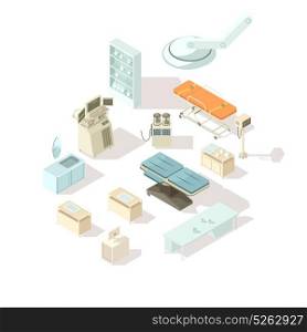 Hospital Equipment Isometric Set. Medical equipment for hospital isometric icons set of special furniture for operating room and intensive care flat vector illustration