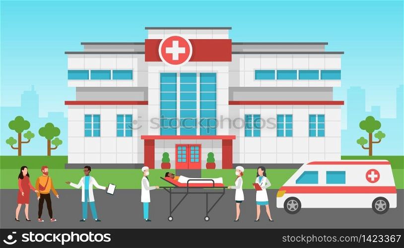 Hospital exterior. Panorama medical building, health centre. Emergency service, ambulance car, hospitalized patients and doctor vector healthcare concept. Hospital exterior. Panorama medical building, health centre. Emergency service, ambulance car, patients and doctor vector healthcare concept