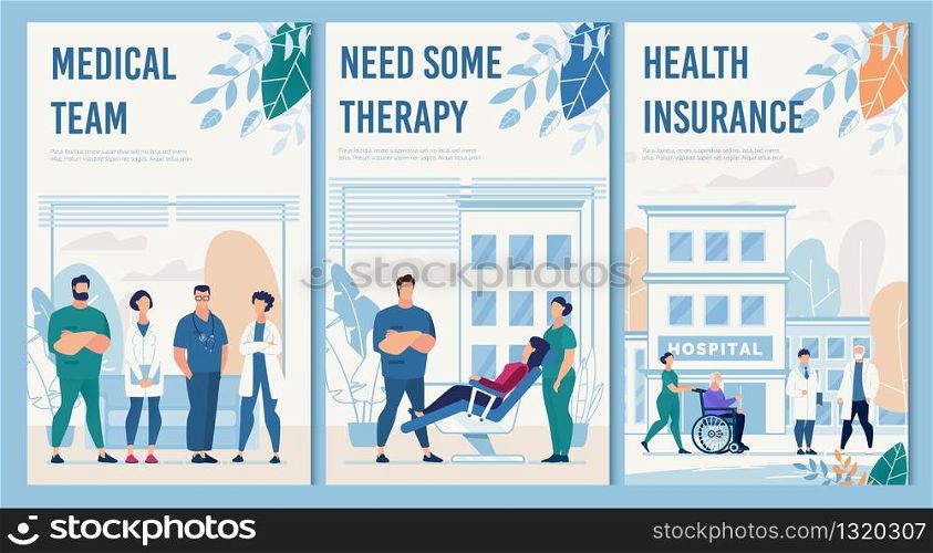 Hospital Facilities and Services Flat Flyers Set. Professional Medical Team, Need Some Therapy, Healthcare Insurance Card. Clinic Building and Tools for Aid. Vector Cartoon Illustration. Hospital Facilities and Services Flat Flyers Set