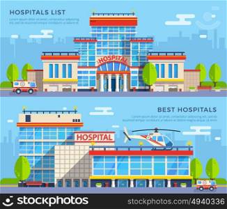 Hospital Flat Banners. Modern many-storeyed hospital buildings with emergency car and helicopter on cityscape background flat banners isolated vector illustration