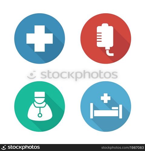 Hospital flat design icons set. Medical drop counter and doctor white silhouette illustrations on color circles. Hospitalization and first aid clinic round symbols. Vector infographics elements. Hospital flat design icons set