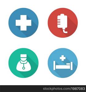 Hospital flat design icons set. Medical drop counter and doctor white silhouette illustrations on color circles. Hospitalization and first aid clinic round symbols. Vector infographics elements. Hospital flat design icons set