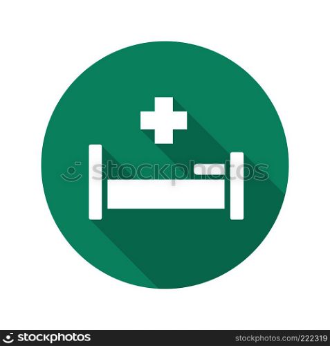 Hospital flat design long shadow icon. Hospital bed with medical cross. Vector silhouette symbol. Hospital flat design long shadow icon