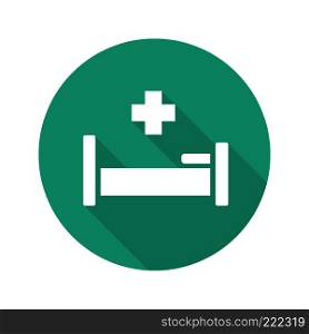 Hospital flat design long shadow icon. Hospital bed with medical cross. Vector silhouette symbol. Hospital flat design long shadow icon