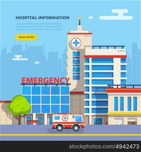 Hospital Flat Illustration. Hospital building and emergency car on cityscape background flat vector illustration