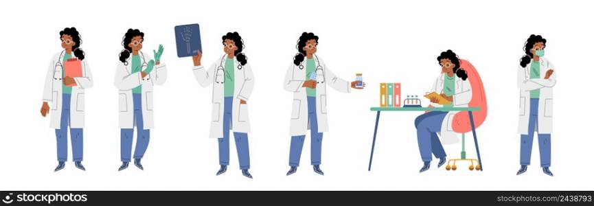 Hospital healthcare staff at work. Female doctor in medical robe take on gloves, look op xray, laboratory research, therapist with stethoscope and clipboard, Cartoon linear flat vector illustration. Hospital healthcare staff at work, female doctor