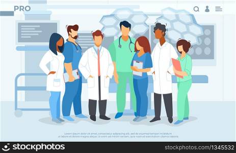Hospital Healthcare Staff, Doctors in Medical Robe with Stethoscope, Surgeons, Nurses Holding Notebook, Clinic, Medicine Profession, Occupation. Cartoon Flat Vector Illustration, Horizontal Banner. Hospital Healthcare Staff, Medicine Profession