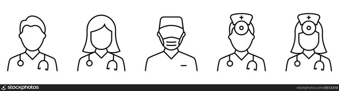 Hospital Healthcare Staff Line Icon. Male and Female Professional Doctors Outline Pictogram. Nurse, Otolaryngologist, Surgeon icon. Isolated Vector Illustration.. Hospital Healthcare Staff Line Icon. Male and Female Professional Doctors Outline Pictogram. Nurse, Otolaryngologist, Surgeon icon. Isolated Vector Illustration