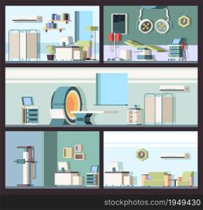 Hospital interior. Doctor office clinic cabinet with tomography machines ultrasound room garish vector flat pictures. Medicine care, tomography ct and ultrasound diagnostic illustration. Hospital interior. Doctor office clinic cabinet with tomography machines ultrasound room garish vector flat pictures