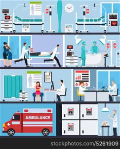 Hospital Interior Flat Compositions. Hospital interior flat compositions with ambulance car nurses with patient on stretcher doctors in operating room vector illustration