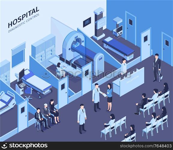 Hospital interior isometric composition with receptionist front desk waiting room diagnostic ultrasound mri scanners patients vector illustration