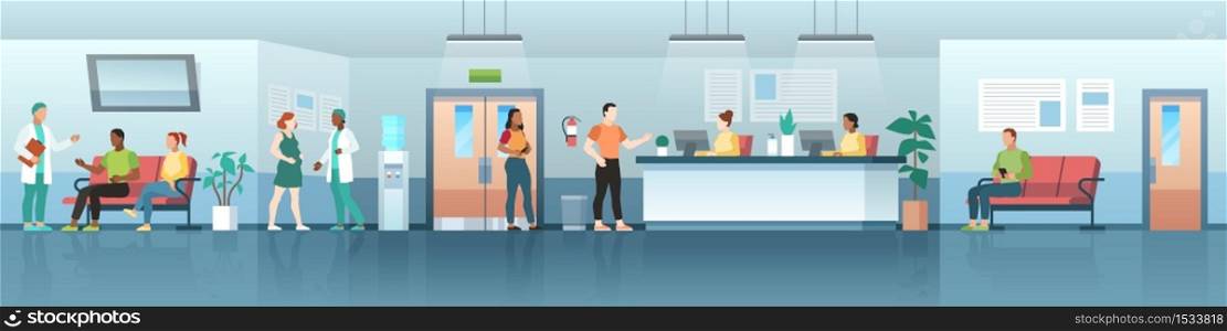Hospital interior. Medical clinic hall with patients, nurses and doctors, professional therapist consultation and examination, aid reception vector flat horizontal concept. Hospital interior. Medical clinic hall with patients and doctors, professional therapist consultation, aid reception vector concept