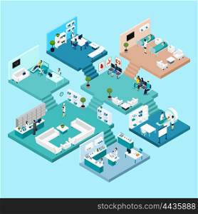 Hospital Isometric Icons. Hospital icons Isometric scheme with different cabinets and rooms on different floors connected by stairs vector illustration