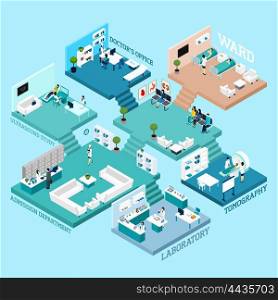 Hospital Isometric Scheme Icons. Hospital icons Isometric abstract scheme with various rooms staff equipment and interior connected by stairs vector illustration