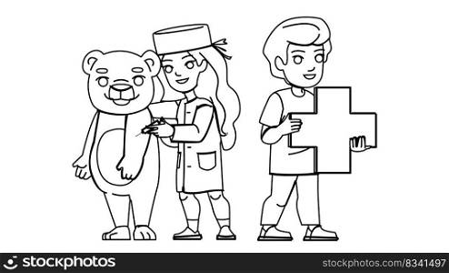 hospital kid line pencil drawing vector. child sick, clinic medical, patient health, illness doctor, care girl, person disease, medicine hospital kid character. people Illustration. hospital kid vector