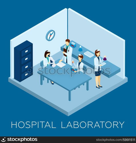 Hospital laboratory concept with isometric doctor and medical personnel silhouettes vector illustration. Hospital Laboratory Concept