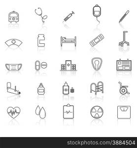 Hospital line icons with refelct on white, stock vector