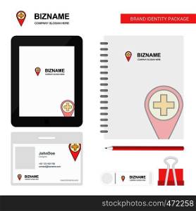 Hospital location Business Logo, Tab App, Diary PVC Employee Card and USB Brand Stationary Package Design Vector Template