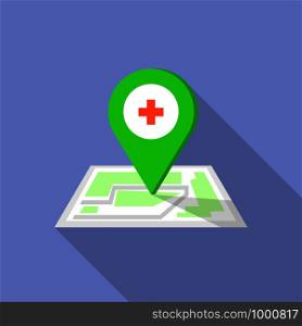 Hospital map pin icon. Flat illustration of hospital map pin vector icon for web design. Hospital map pin icon, flat style