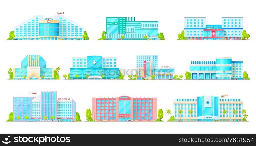 Hospital, medical clinic and ambulatory center vector icons with buildings of medicine and healthcare. Emergency health care hospital buildings with ambulance vehicles, car or truck and helicopter. Hospital, medical clinic, ambulatory building icon