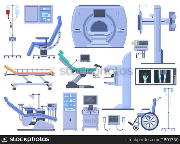 Hospital medical diagnostic healthcare equipment tools. Dentist chair, wheelchair, blood transfusion, cardiograph, ultrasound, x-ray machine vector symbols set. Modern technology for medicine. Hospital medical diagnostic healthcare equipment tools. Dentist chair, wheelchair, blood transfusion, cardiograph, ultrasound, x-ray machine vector symbols set
