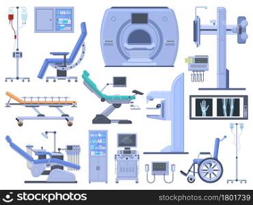 Hospital medical diagnostic healthcare equipment tools. Dentist chair, wheelchair, blood transfusion, cardiograph, ultrasound, x-ray machine vector symbols set. Modern technology for medicine. Hospital medical diagnostic healthcare equipment tools. Dentist chair, wheelchair, blood transfusion, cardiograph, ultrasound, x-ray machine vector symbols set