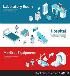 Hospital Medical Equipment Flat Banners Set . Hospital medical laboratory equipment 3 horizontal banners set with text and isometric pictograms abstract isolated vector llustration
