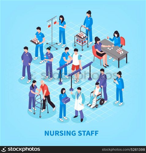 Hospital Nurses Flowchart Isometric Poster . Hospital staff nurses isometric flowchart infographic poster with lab tests rehabilitation and physiotherapy exercises assistants vector illustration