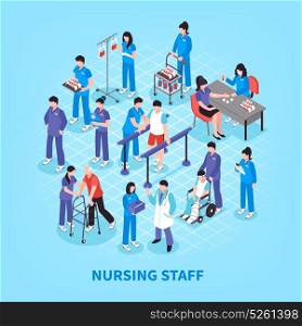 Hospital Nurses Flowchart Isometric Poster . Hospital staff nurses isometric flowchart infographic poster with lab tests rehabilitation and physiotherapy exercises assistants vector illustration