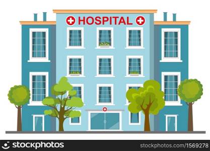 hospital or clinic building with plnts and trees,isolated on white background,flat vector illustration. hospital or clinic building,isolated on white background
